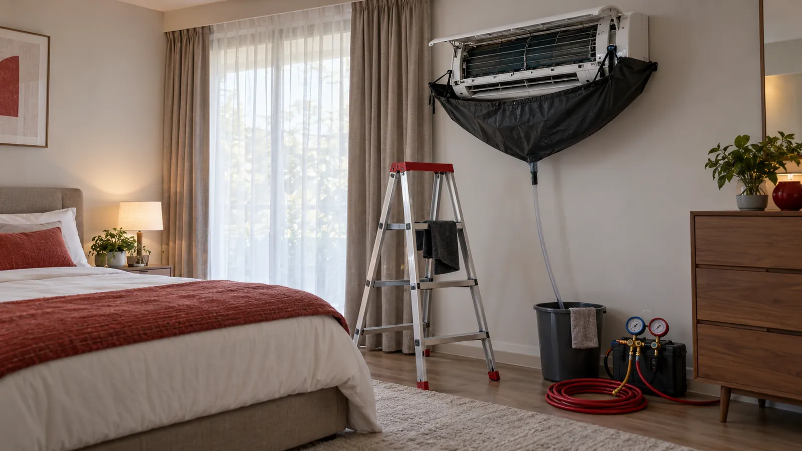 Illustration: An open wall-mounted air conditioner with a drain bag, ladder and pressure gauges during servicing.