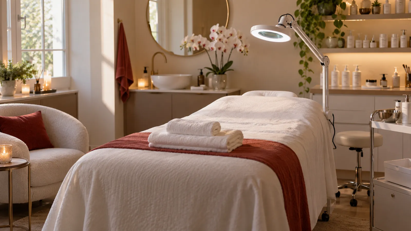 Illustration: A beauty salon treatment room with a facial bed, folded towels and skincare bottles.