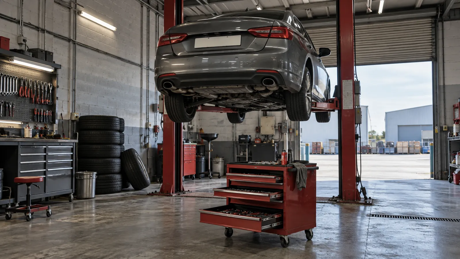 Illustration: A car workshop bay with a sedan on a hoist, a tool trolley and stacked tyres.