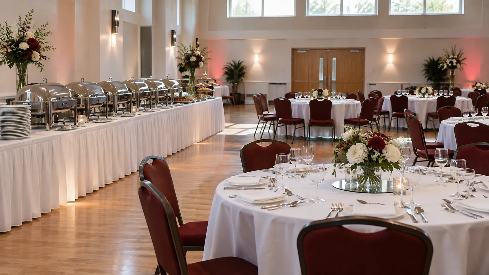 Illustration: A community hall with a catered buffet line of chafing dishes and set tables before an event.