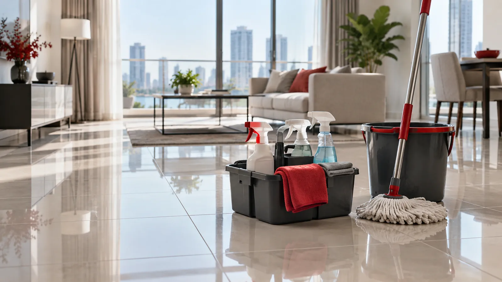 Illustration: A spotless condo living room with a cleaning caddy and mop bucket on polished floors.