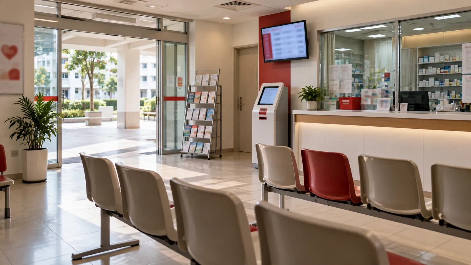 Illustration: A heartland GP clinic waiting area with chairs, a queue ticket machine and a pharmacy window.