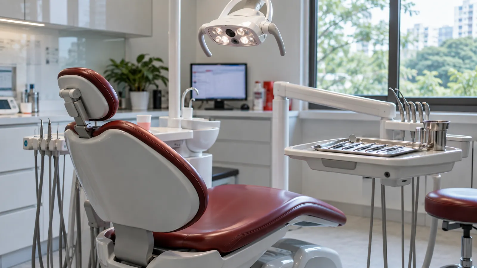Illustration: An empty dental surgery with a dental chair, overhead lamp and instrument tray.