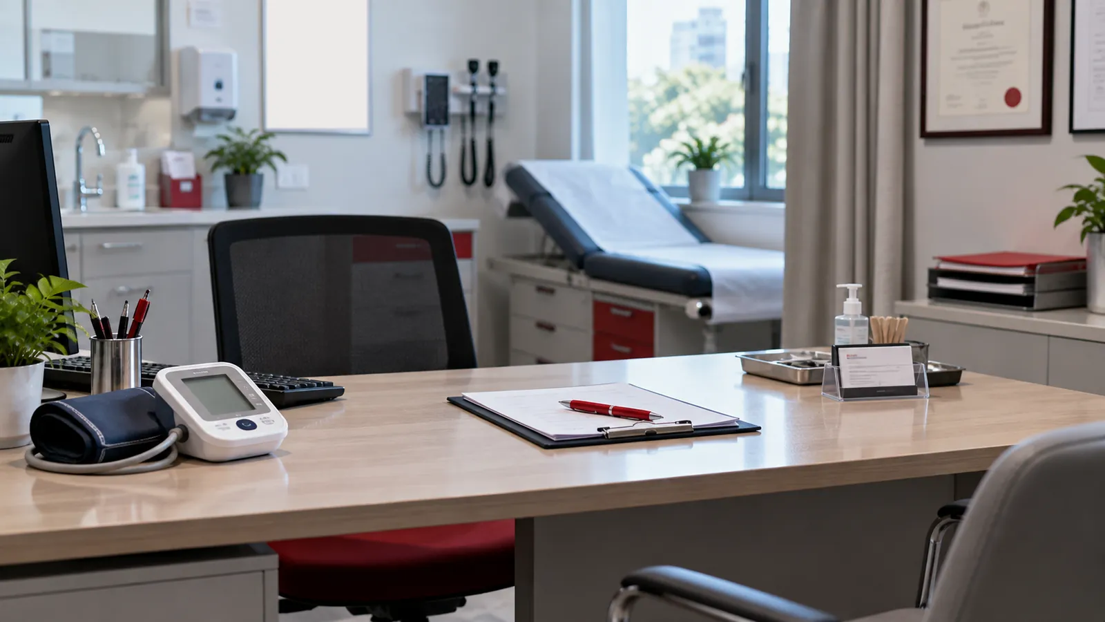 Illustration: A consultation desk with a blood pressure monitor and prescription pad in a Singapore clinic.