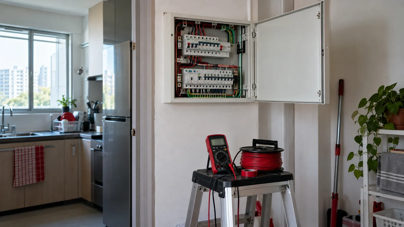 Illustration: An open HDB distribution board with a multimeter and cable reel on a ladder below.