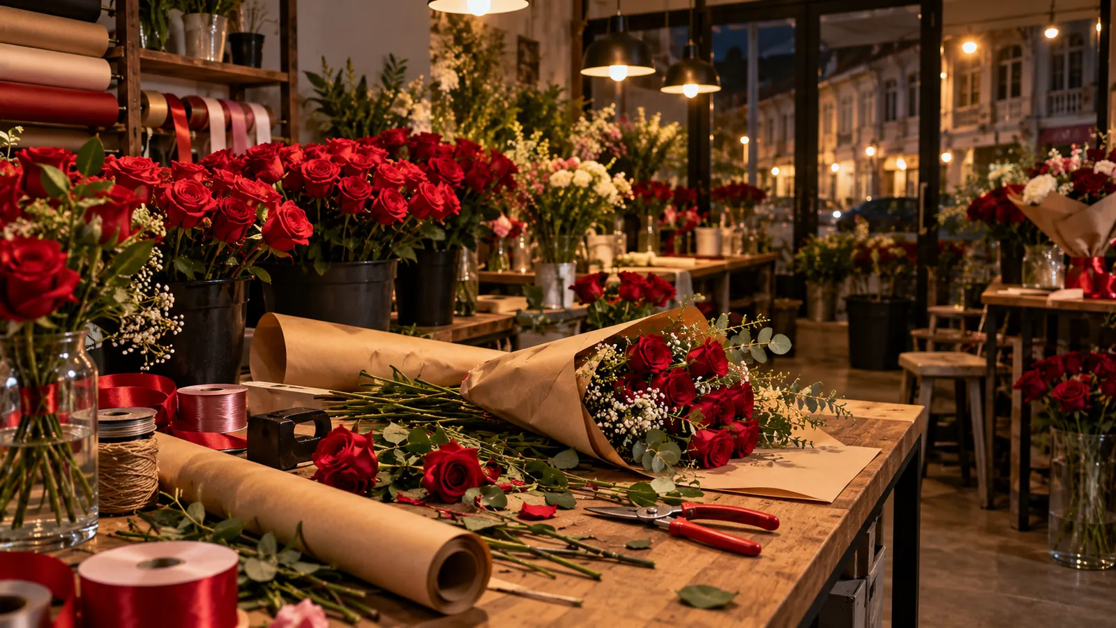 Illustration: A flower-shop workbench covered with red roses, kraft paper and ribbon before Valentine's Day in Singapore.