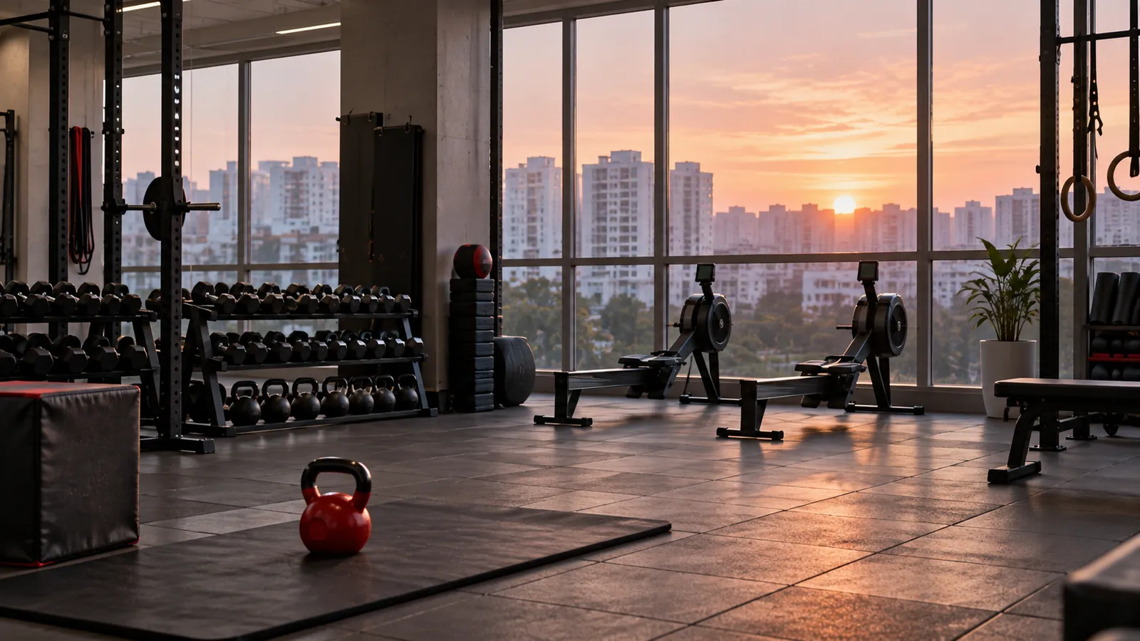 Illustration: An empty gym at dawn with dumbbell racks and rowing machines beside HDB blocks.