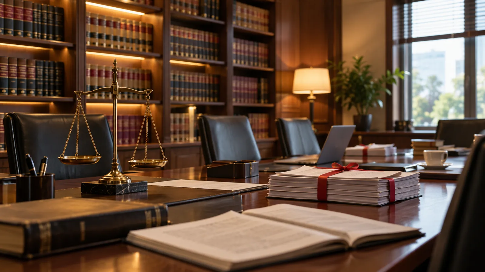 Illustration: A law firm library with bound law reports and document bundles tied in red ribbon.