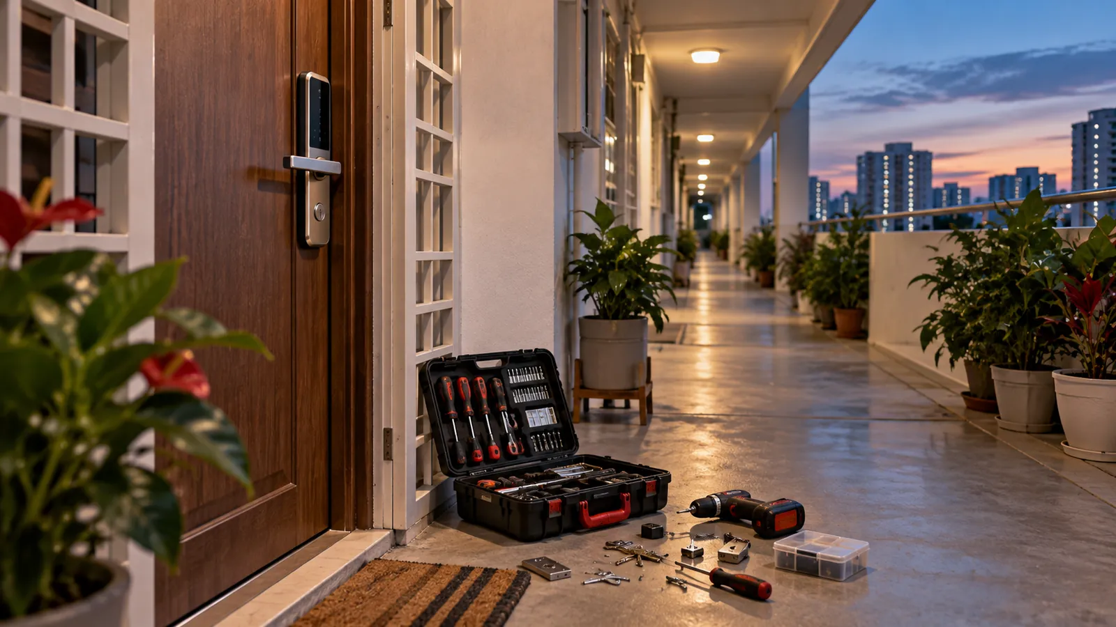 Illustration: An HDB flat door with a digital lock and an open locksmith toolkit on the corridor floor at dusk.