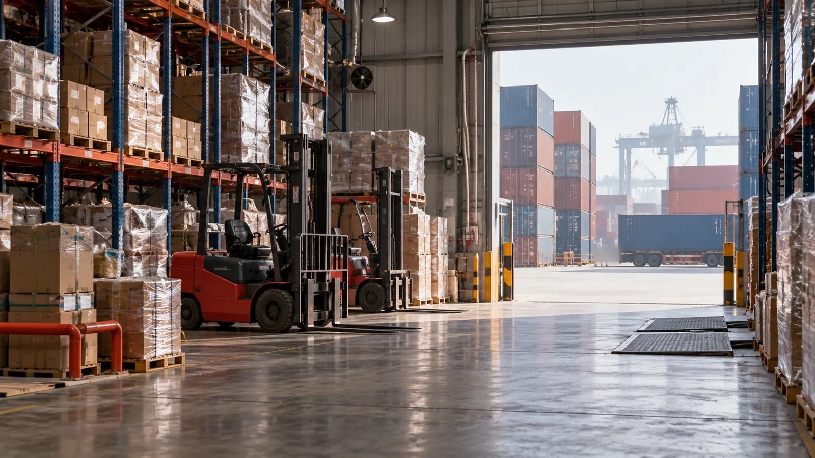 Illustration: A Tuas logistics warehouse with pallet racks, forklifts and containers at the loading dock.