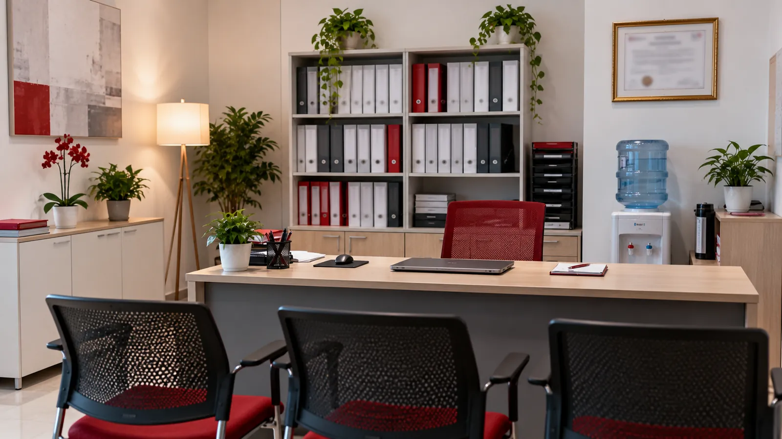 Illustration: A maid agency office in a mall with biodata folders, a desk and a framed licence on the wall.
