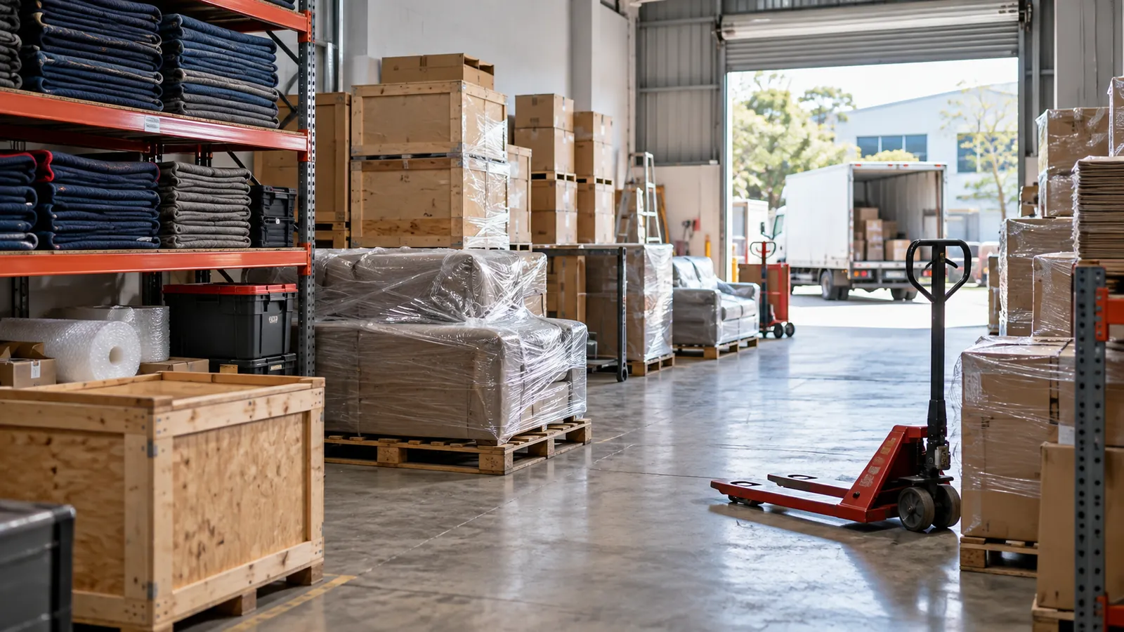 Illustration: A moving company warehouse with stacked crates, wrapped sofas and a pallet jack.