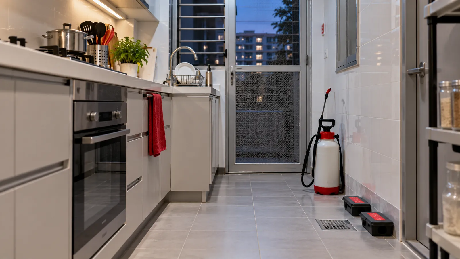 Illustration: An HDB kitchen with a pest-control sprayer and sealed bait stations by the floor trap.