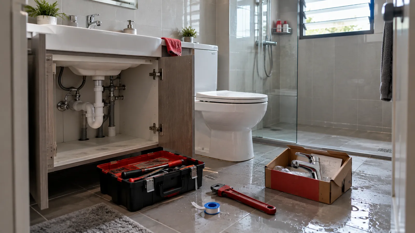 Illustration: An HDB bathroom with the sink cabinet open and plumbing tools on the floor.