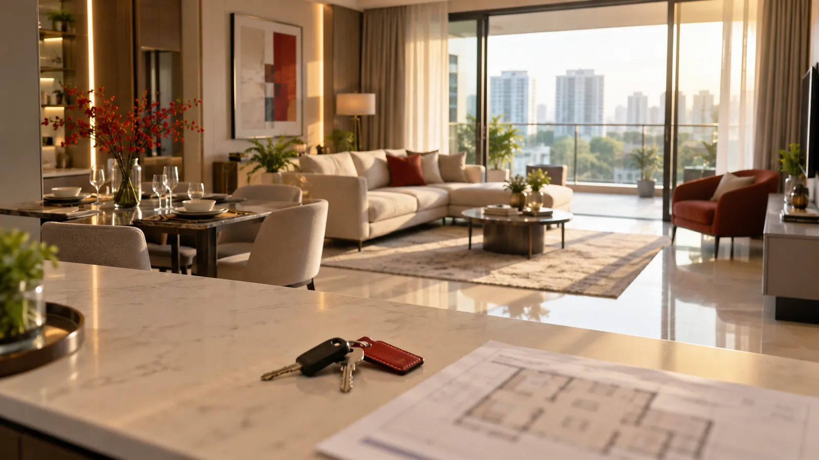 Illustration: A condo show flat with keys and a floor plan on the kitchen island in afternoon sun.