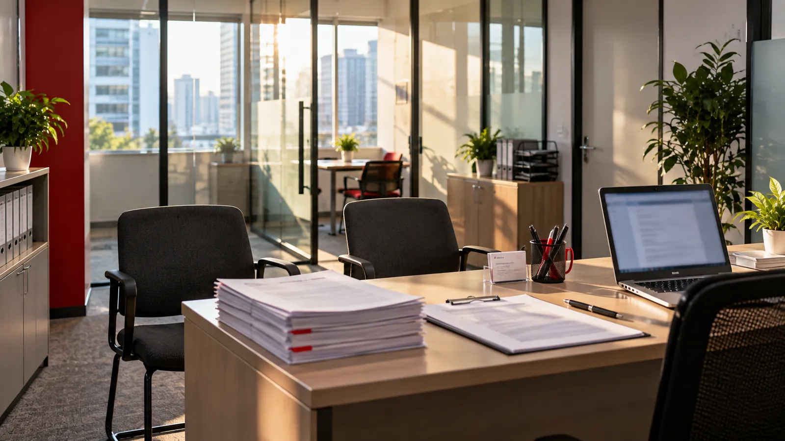 Illustration: A recruitment agency desk with printed CVs and two empty chairs in a Tanjong Pagar office.