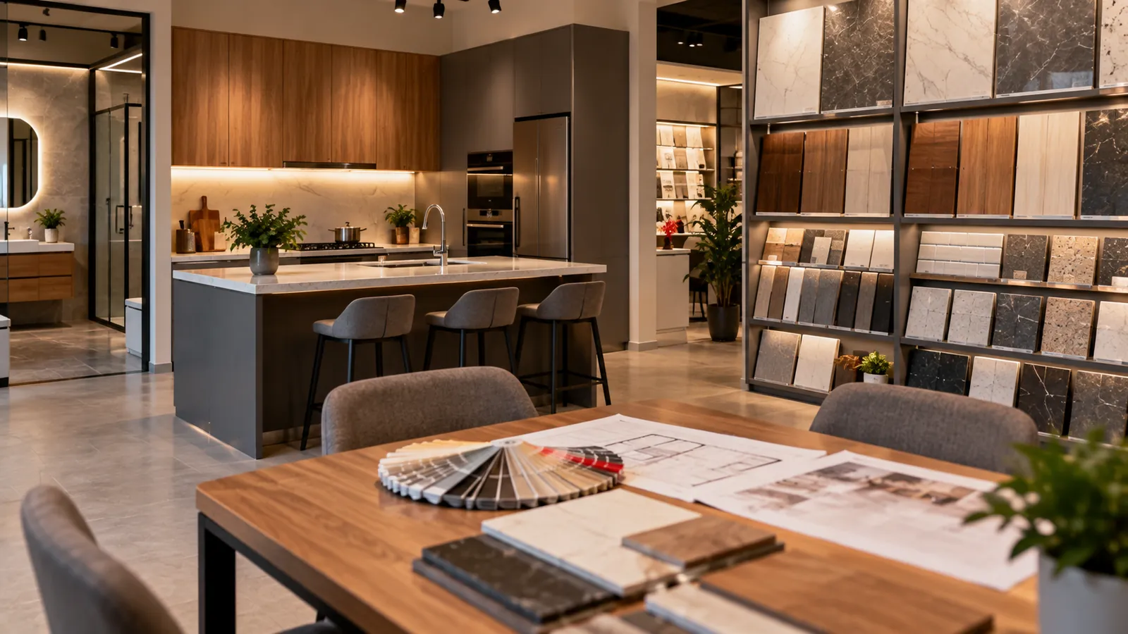 Illustration: A renovation showroom with a kitchen display and a wall of tile and laminate samples.