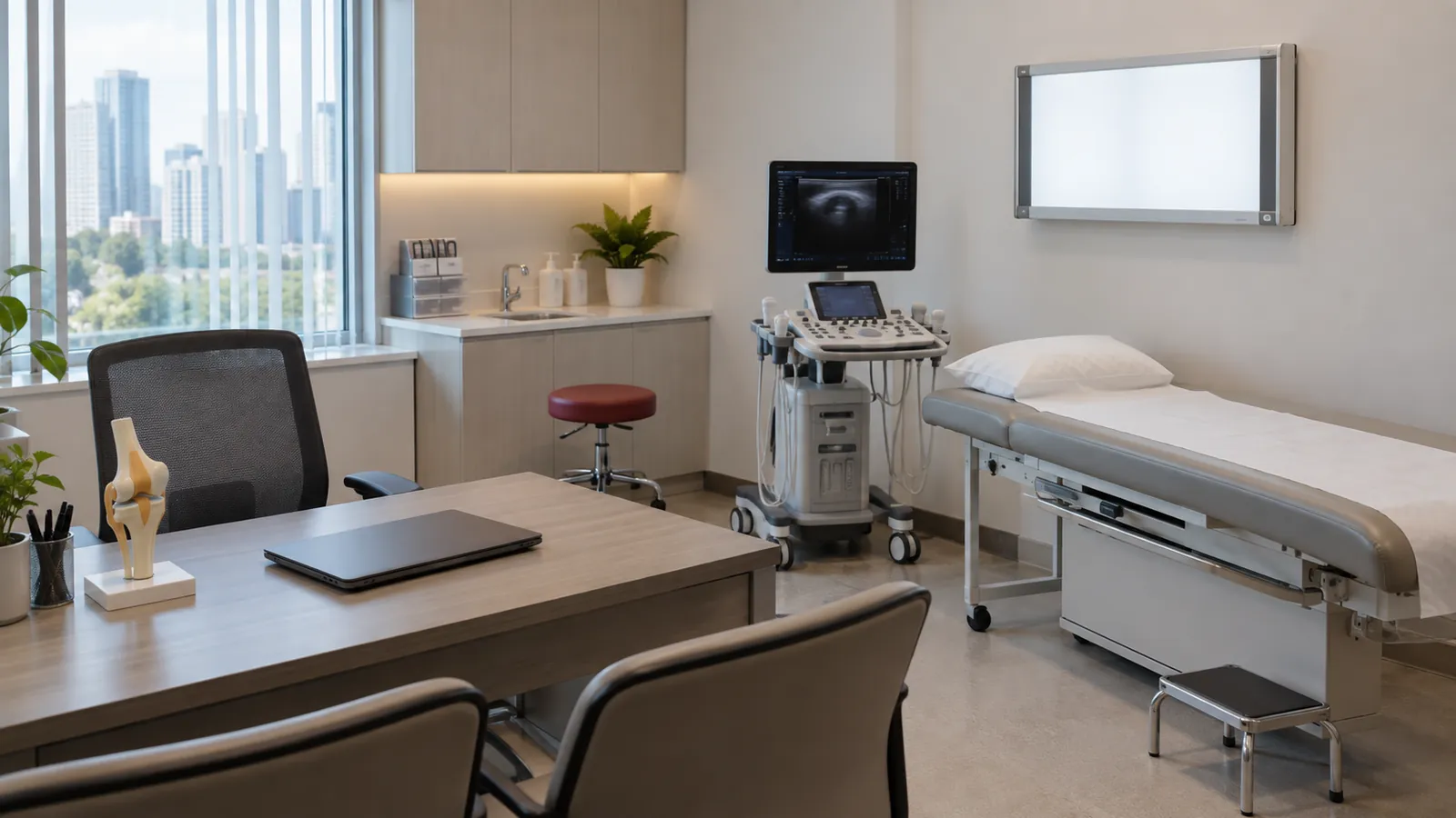 Illustration: A specialist clinic consult room with an exam couch and ultrasound machine in a Novena medical centre.