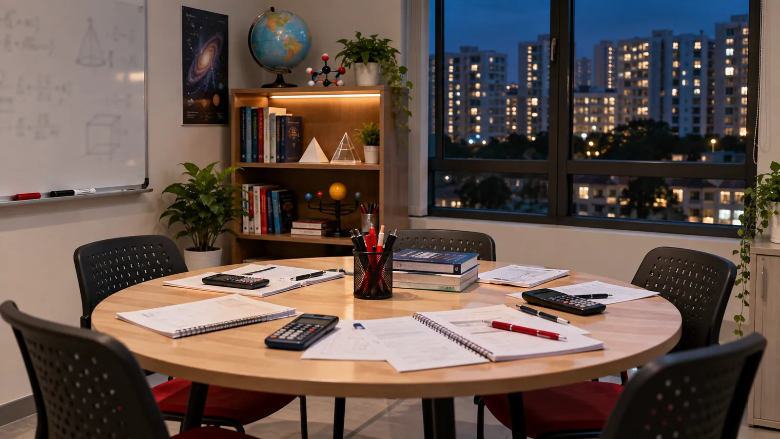 Illustration: An evening tuition room with a round table, worksheets and a view of lit HDB blocks.