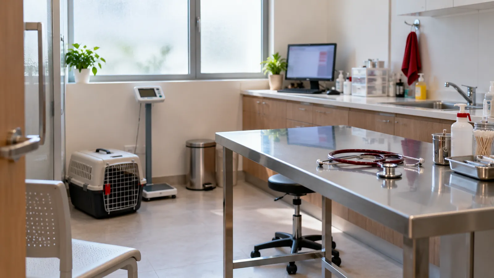 Illustration: An empty vet consultation room with a steel exam table, stethoscope and pet carrier in a Singapore HDB estate.