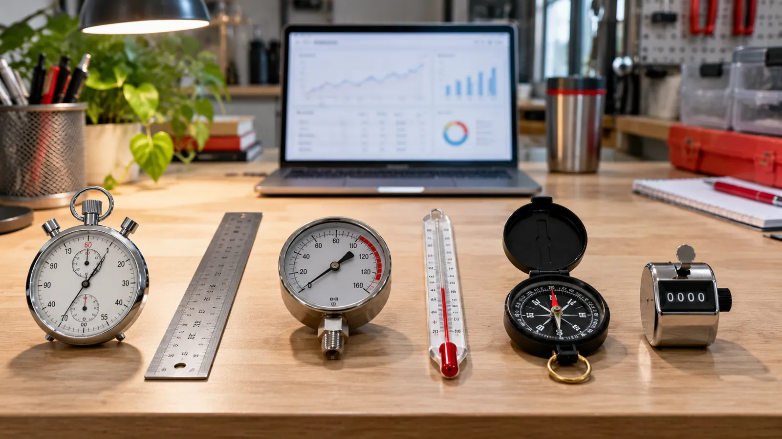 Illustration: Six measuring instruments lined up on a bench, representing six SEO performance benchmarks.