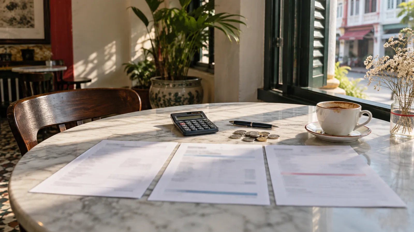 Illustration: Printed SEO quotes, a calculator and coins on a café table, suggesting a comparison of SEO pricing in Singapore.