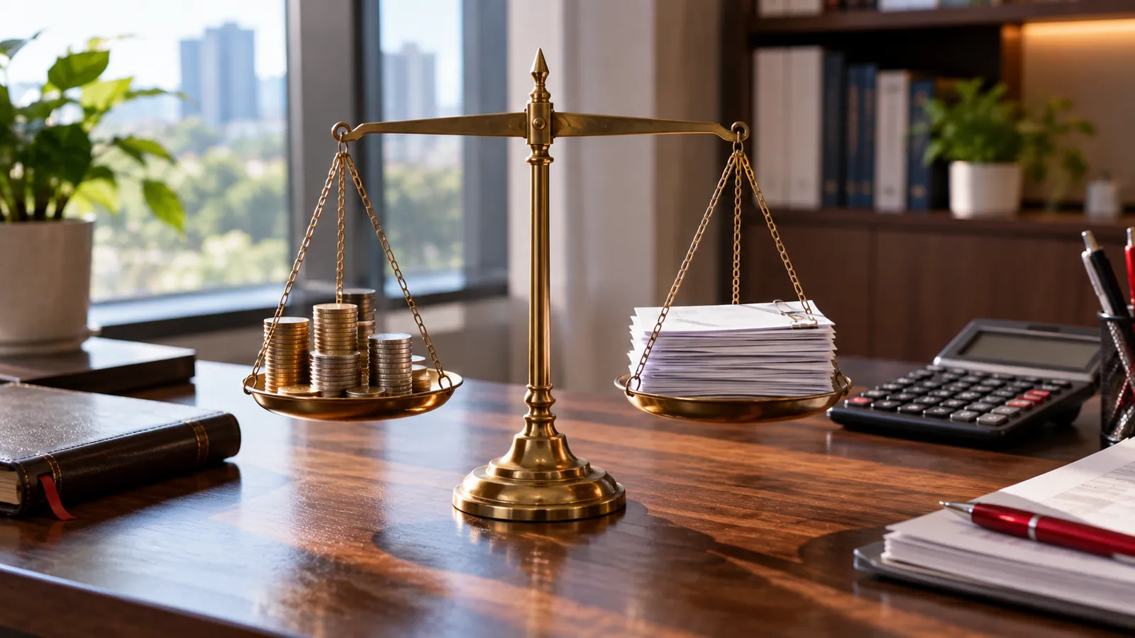 Illustration: A balance scale weighing coins against enquiry forms, representing proving the return on SEO.