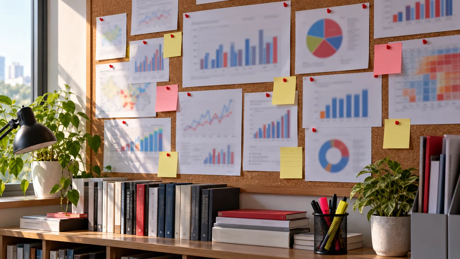 Illustration: A corkboard of printed charts and sticky notes, representing sourced SEO statistics for Singapore.