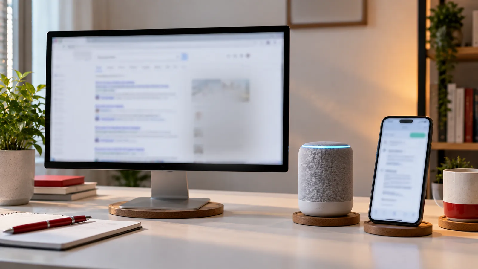 Illustration: A monitor, a smart speaker and a phone side by side, comparing SEO, AEO and GEO.