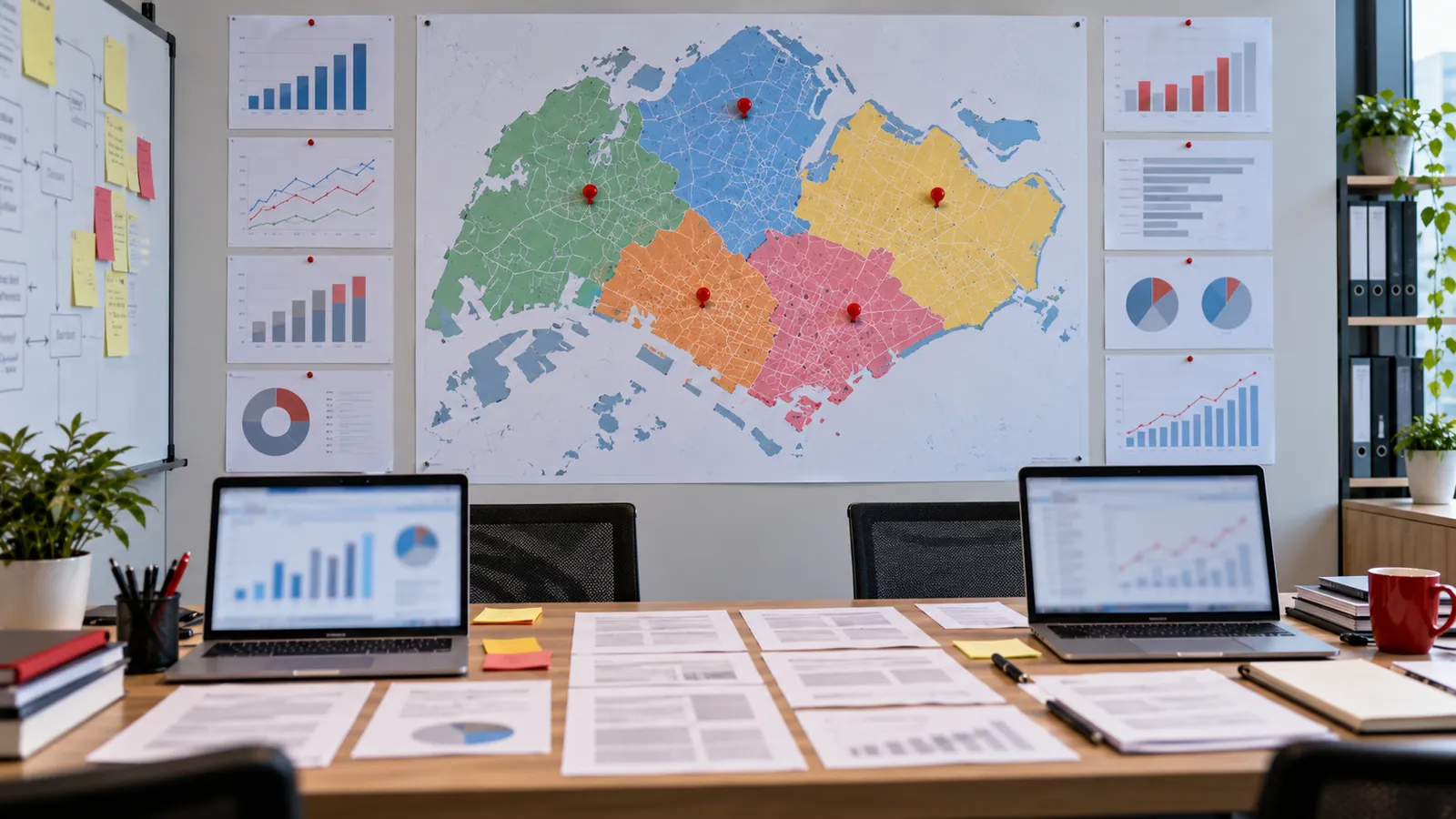 Illustration: A wall map of Singapore split into five coloured regions above printed page samples for a readiness study.