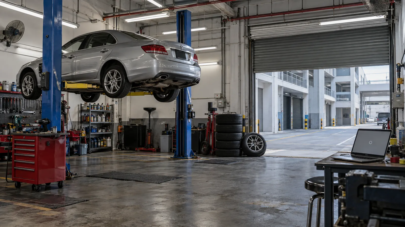 Illustration: An empty car workshop bay in a Singapore industrial building, a sedan on a lift and a laptop on the workbench.