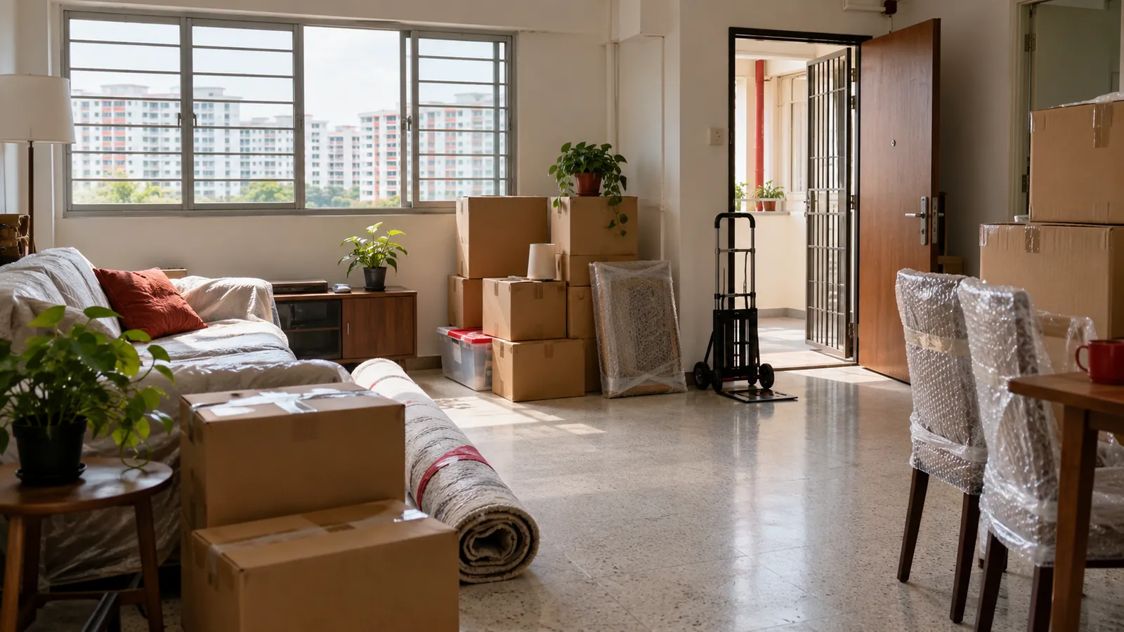 Illustration: An HDB living room on moving day with stacked boxes, wrapped furniture and a sack trolley.