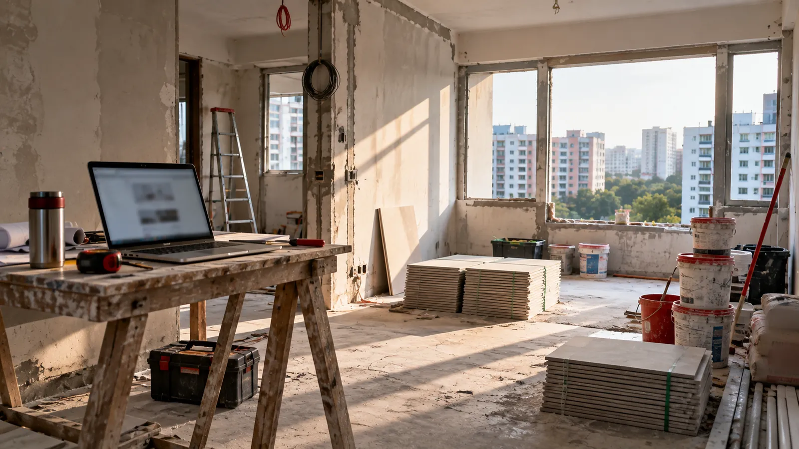 Illustration: An HDB flat mid-renovation with tiles, paint tins and a laptop on a sawhorse showing a website.
