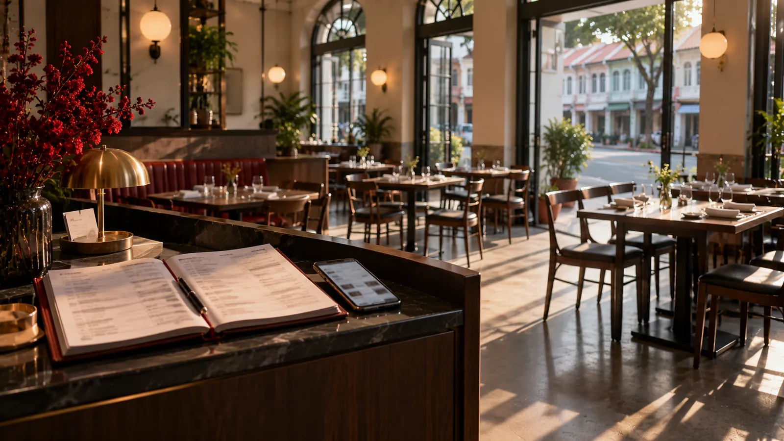 Illustration: An empty restaurant dining room before opening, with a phone showing search results on the host stand.