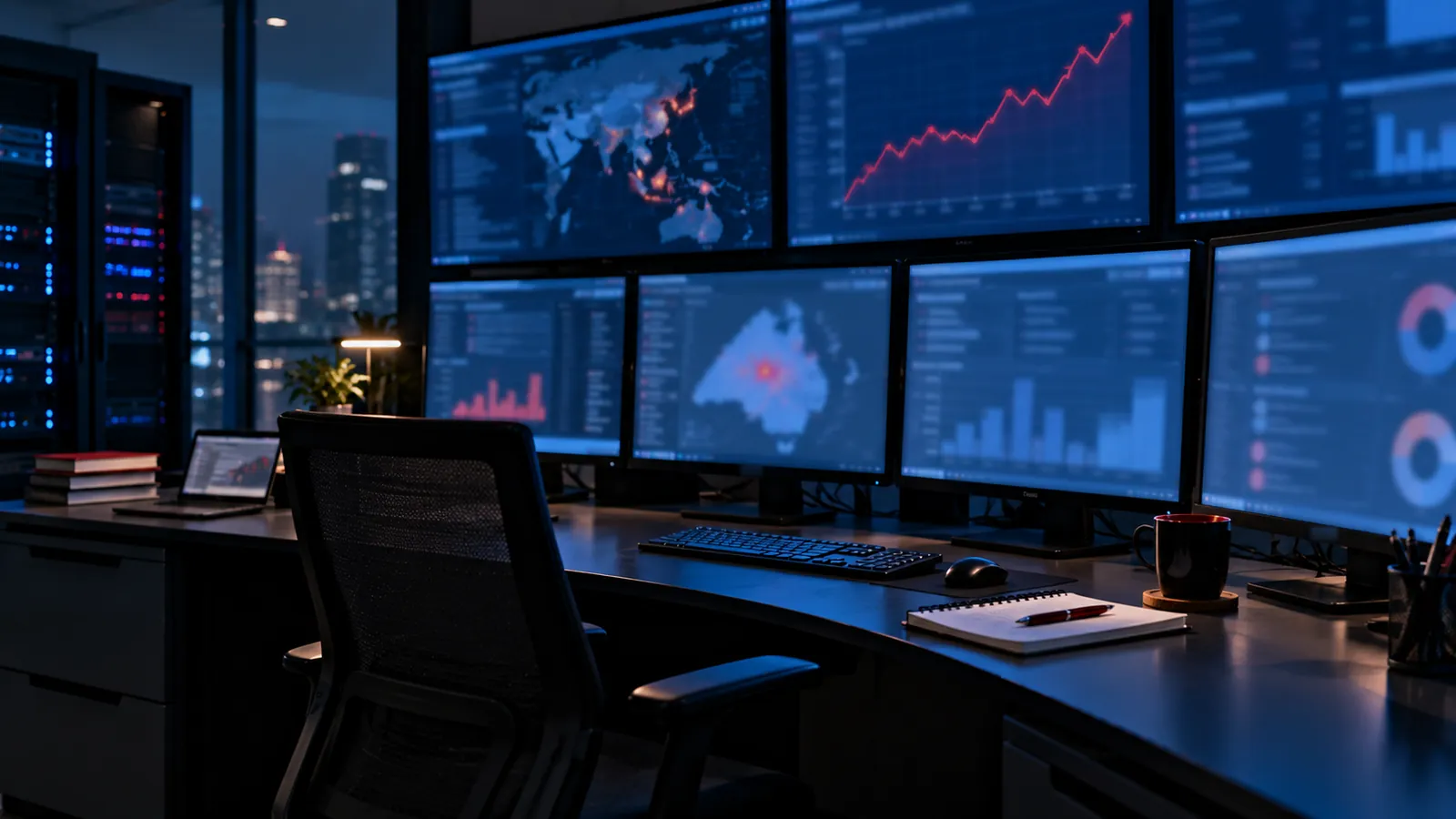 Illustration: A dim data room with a wall of monitors showing charts from a search visibility study.