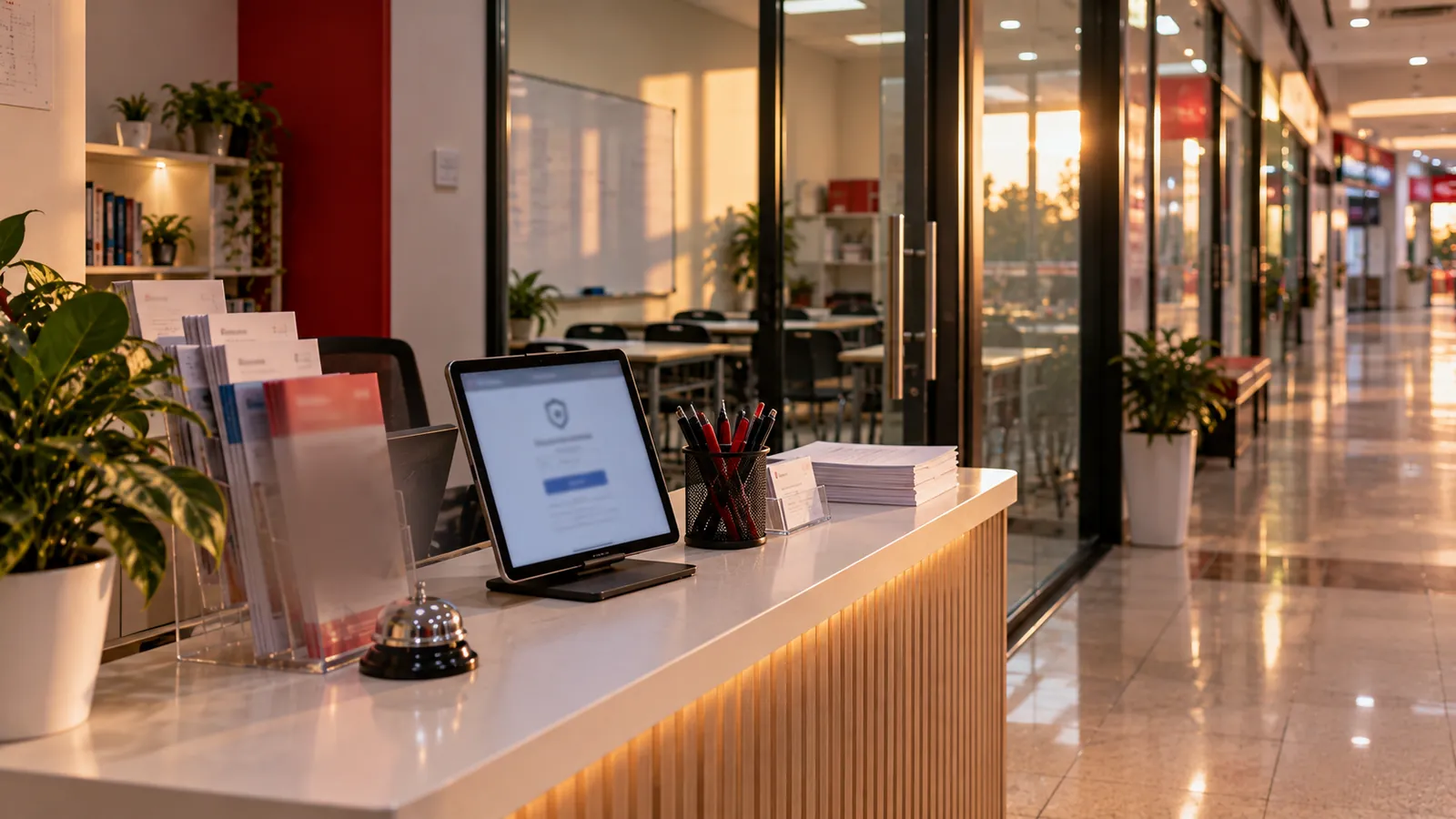 Illustration: A tuition centre reception counter with a tablet showing a blocked page instead of the website.