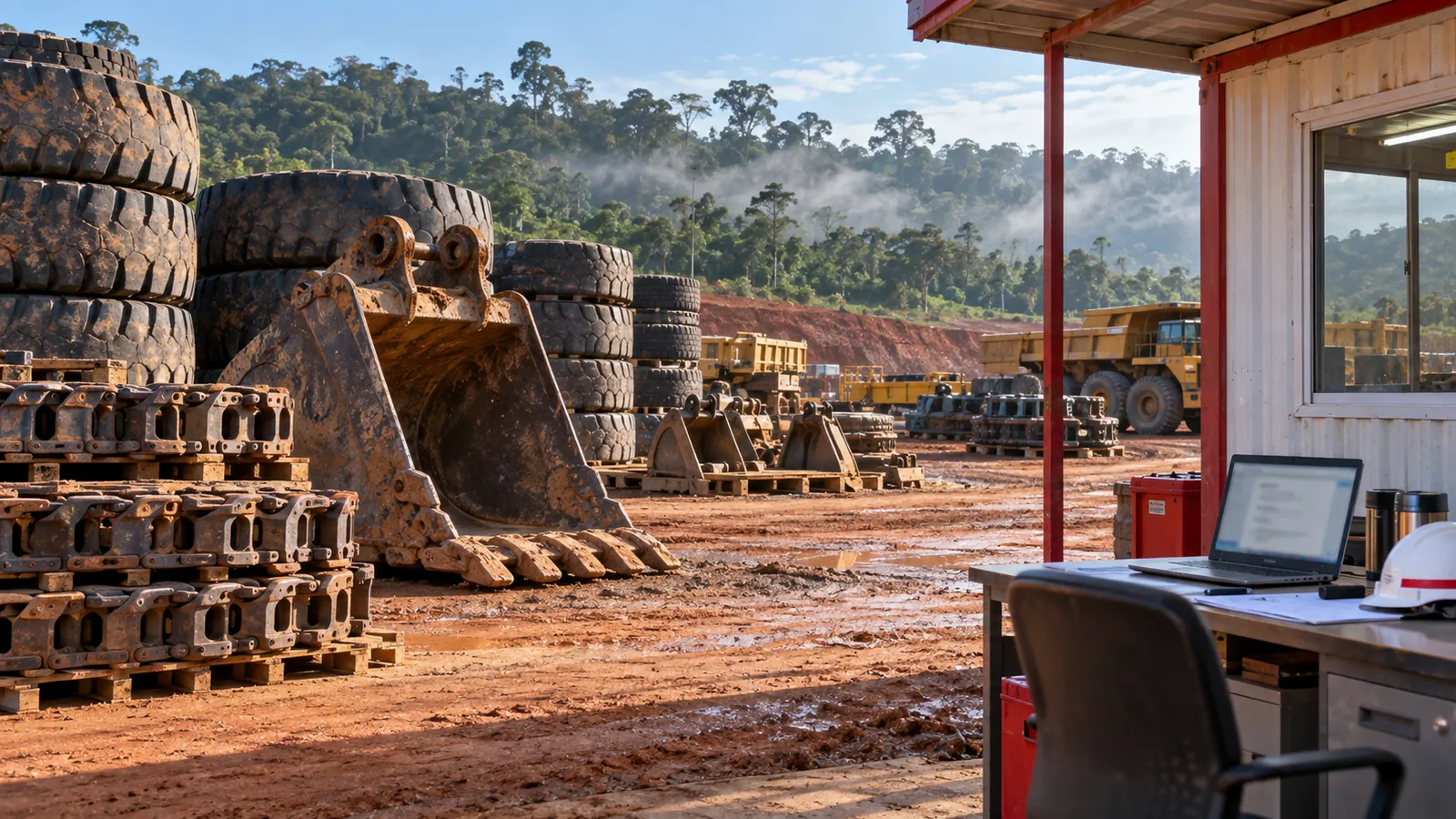 Ilustrasi: Halaman pemasok alat tambang di Kalimantan dengan bucket ekskavator dan ban raksasa di tanah merah.