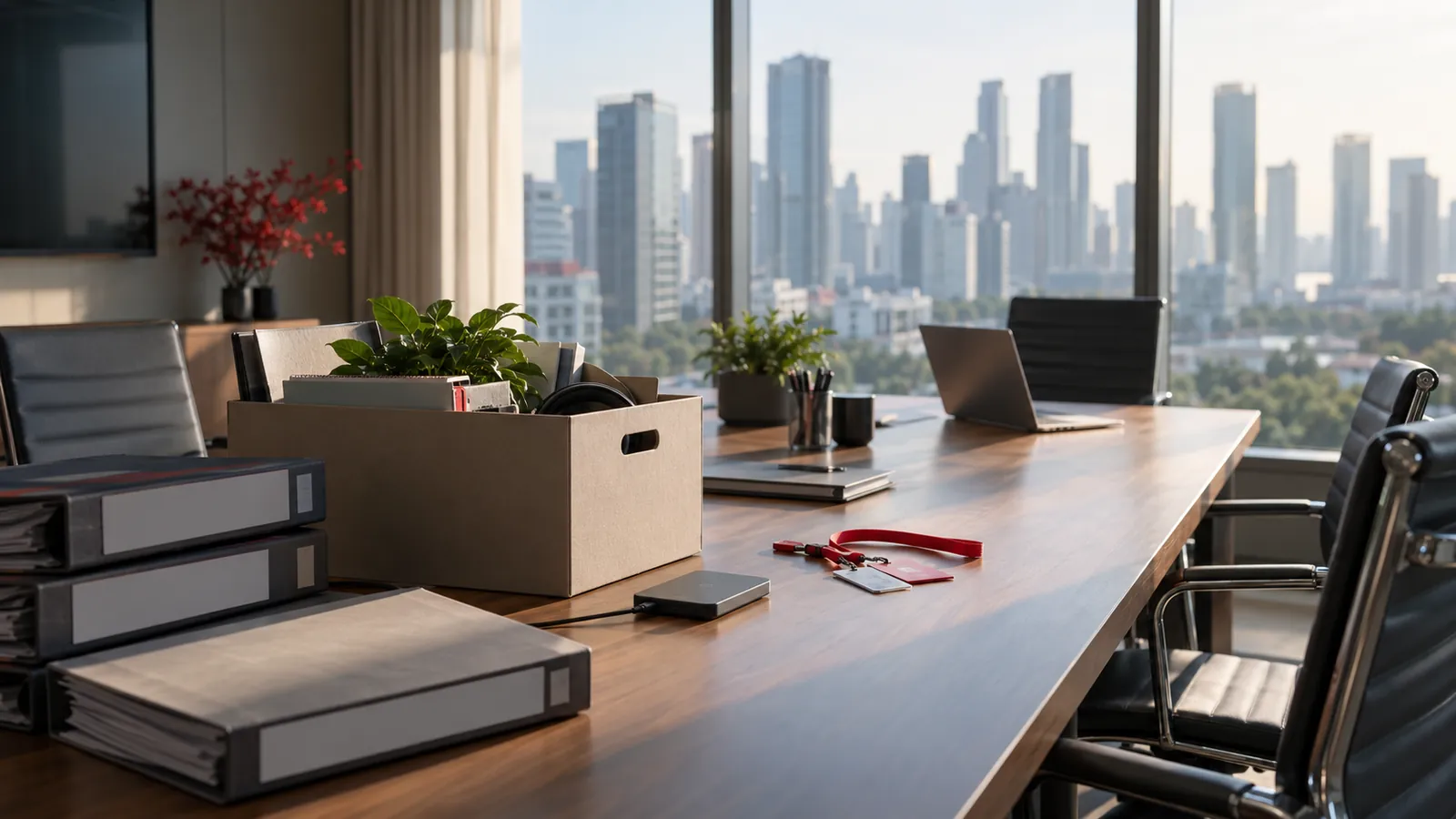 Illustration: An office meeting table with folders, a hard drive and access cards packed for an SEO agency handover.
