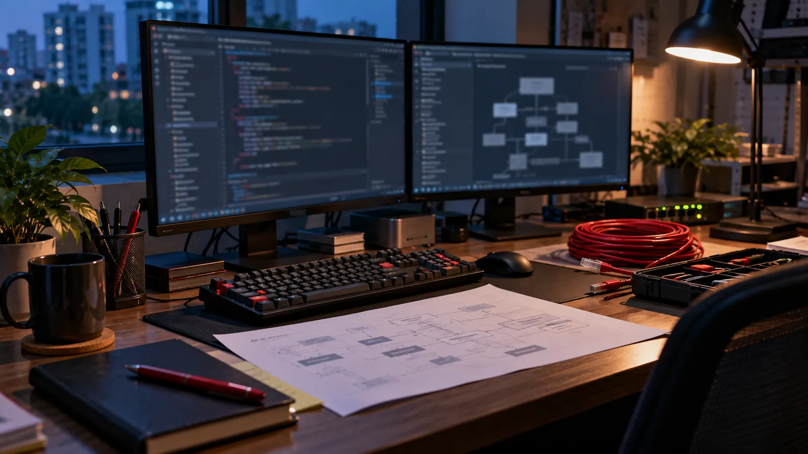 Illustration: A developer desk with code on two monitors and a printed site diagram for technical SEO.