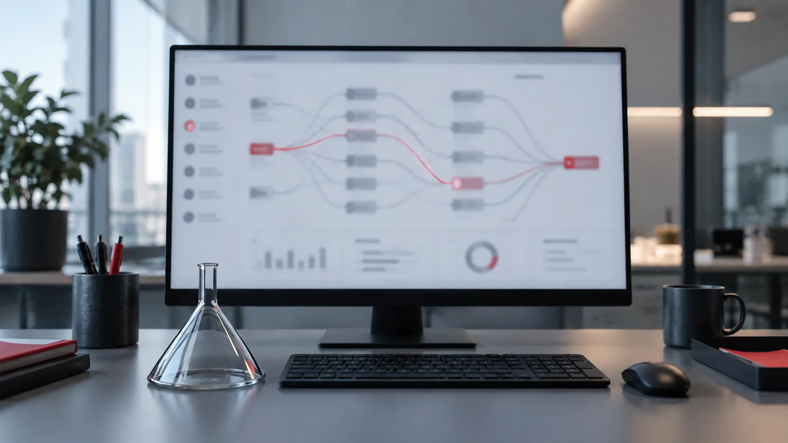 Illustration: An analytics flow diagram on a monitor beside a glass funnel, for tracking AI traffic.