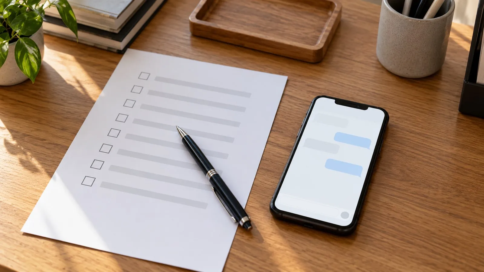 Printed checklist with empty boxes and a pen beside a phone showing a chat screen, for checking PDPA Do Not Call rules before WhatsApp marketing