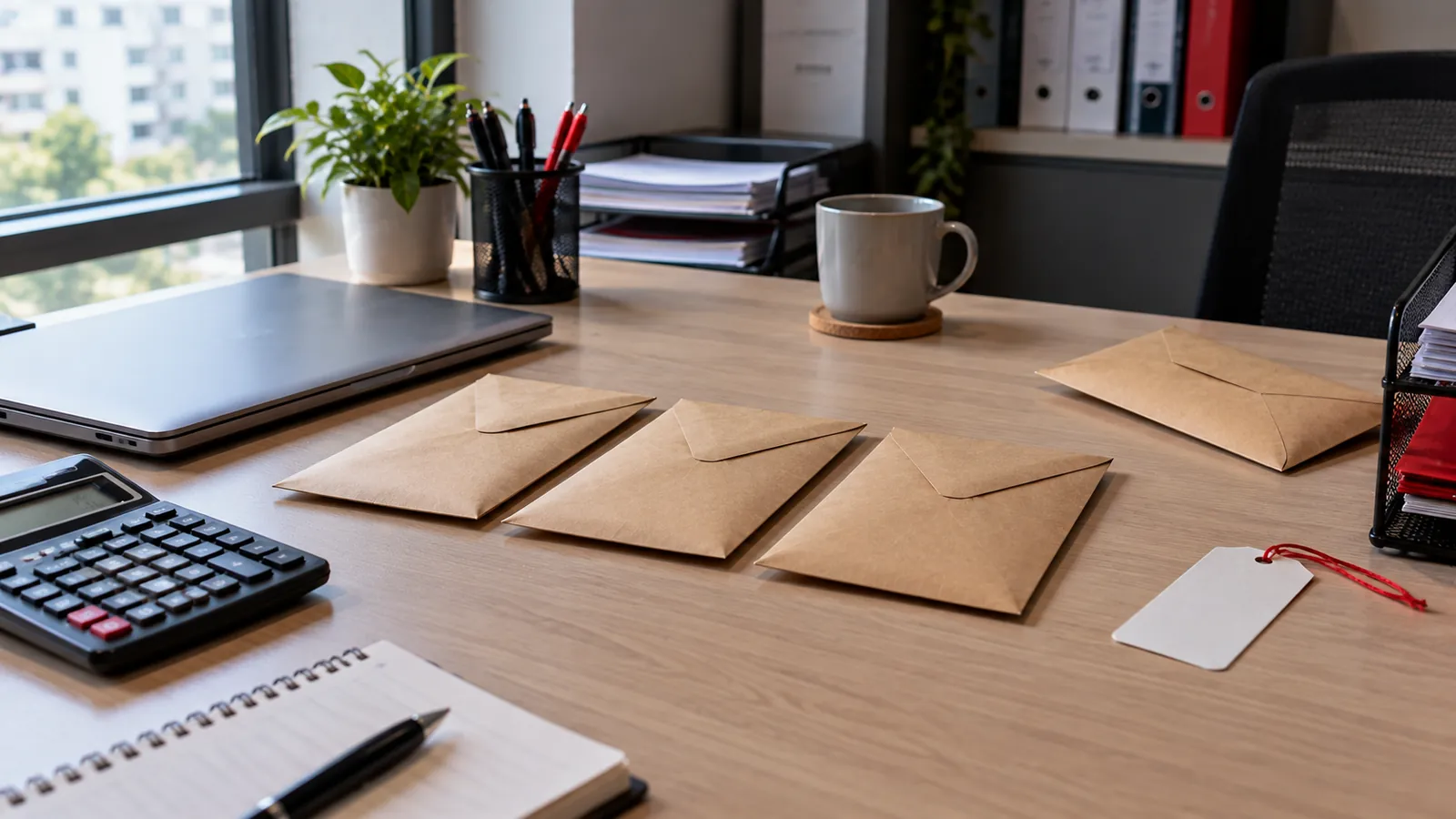 Illustration: Three budget envelopes on a desk with one set aside, suggesting when SEO is the wrong thing to buy.