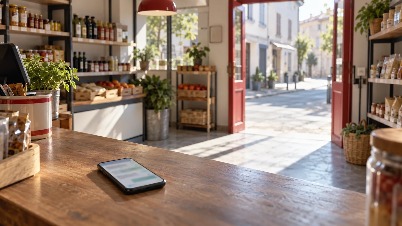 Illustration: A quiet shop counter with a phone showing an AI chat answer at midday.