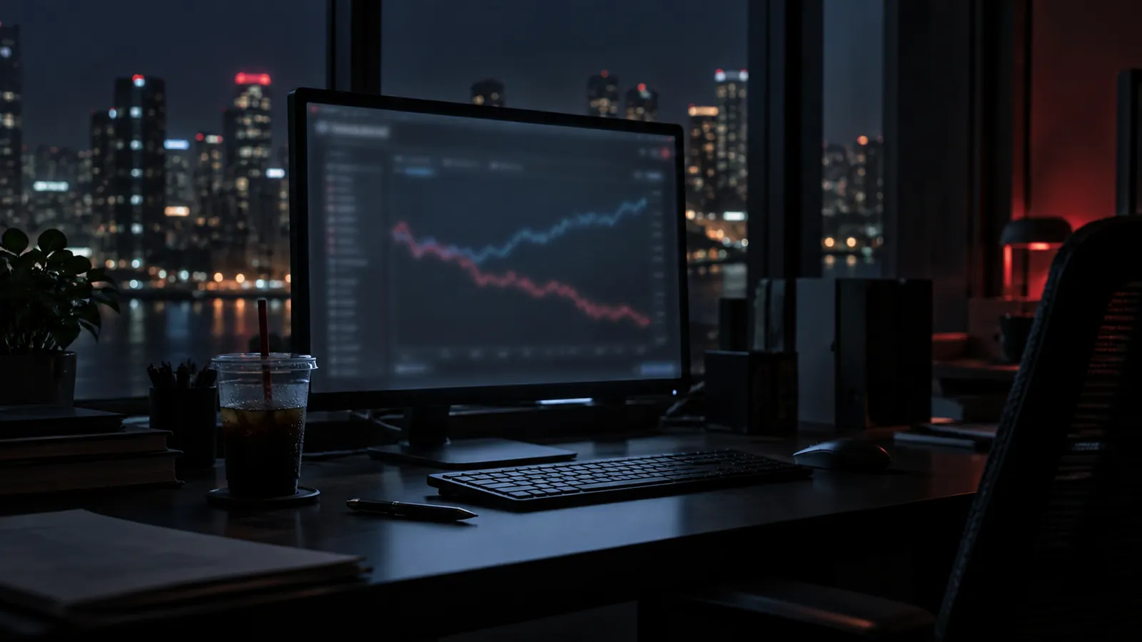 Illustration: A monitor showing a falling traffic line apart from a steady line, late at night.