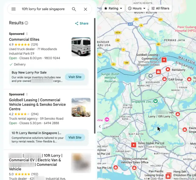 Google Maps results for 10ft lorry for sale singapore with a SingRank client as the first non-sponsored listing (client name hidden)