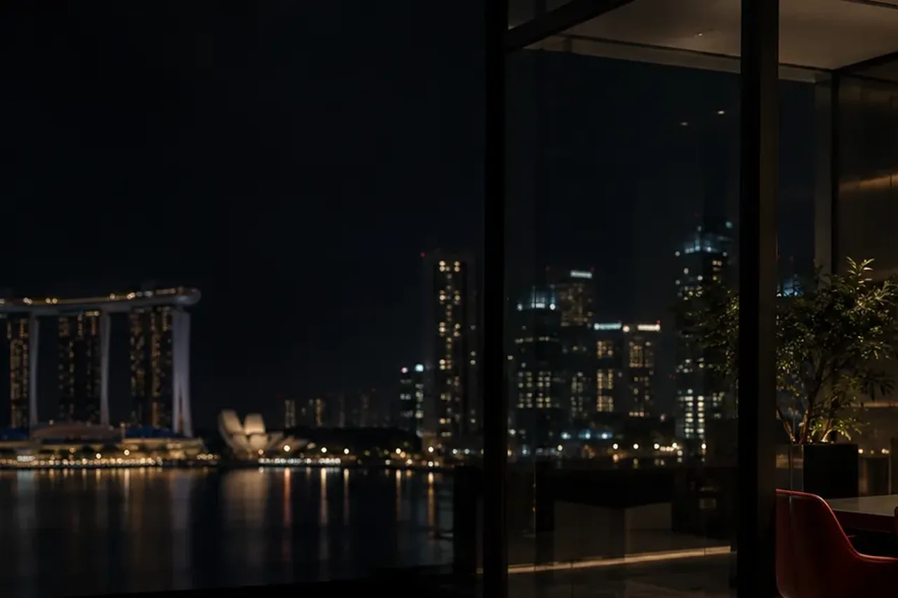 A quiet consultation room at night overlooking the Singapore skyline represents a considered business conversation.