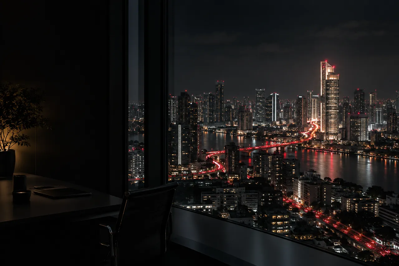 A city at night with red routes of light represents customers discovering a business.