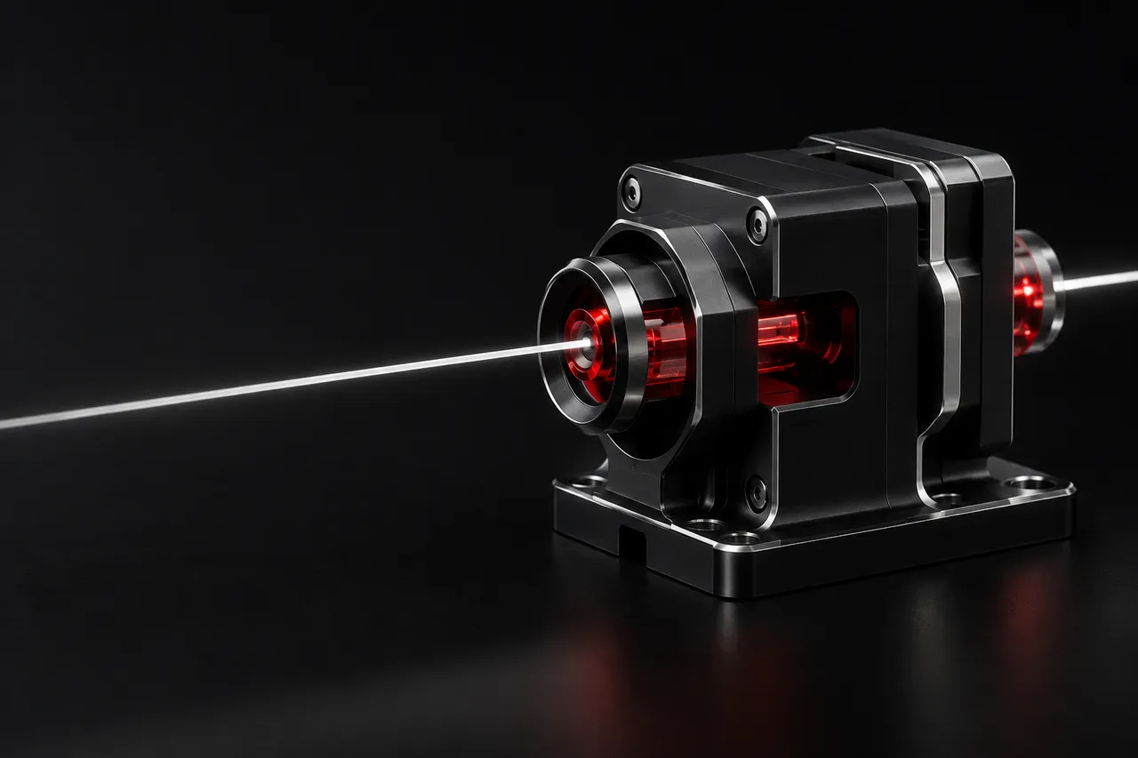 A precision black metal instrument with red connectors represents connected engineering.