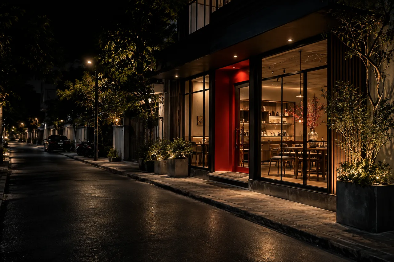 A refined local storefront at night represents a business becoming easier to find nearby.