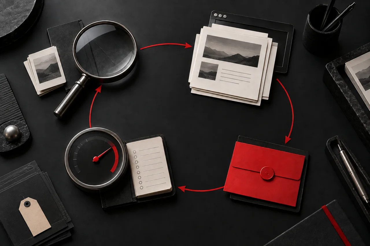 A search lens, content, enquiry and measurement connected in one cycle.